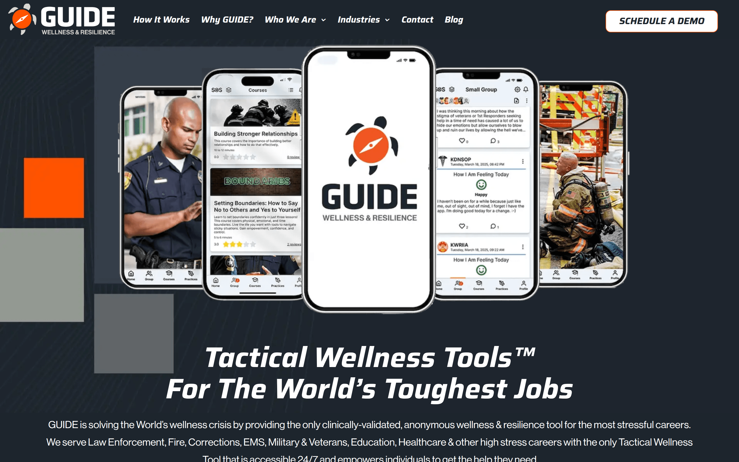 Guide app homepage showing the wellness and resilience tool for first responders