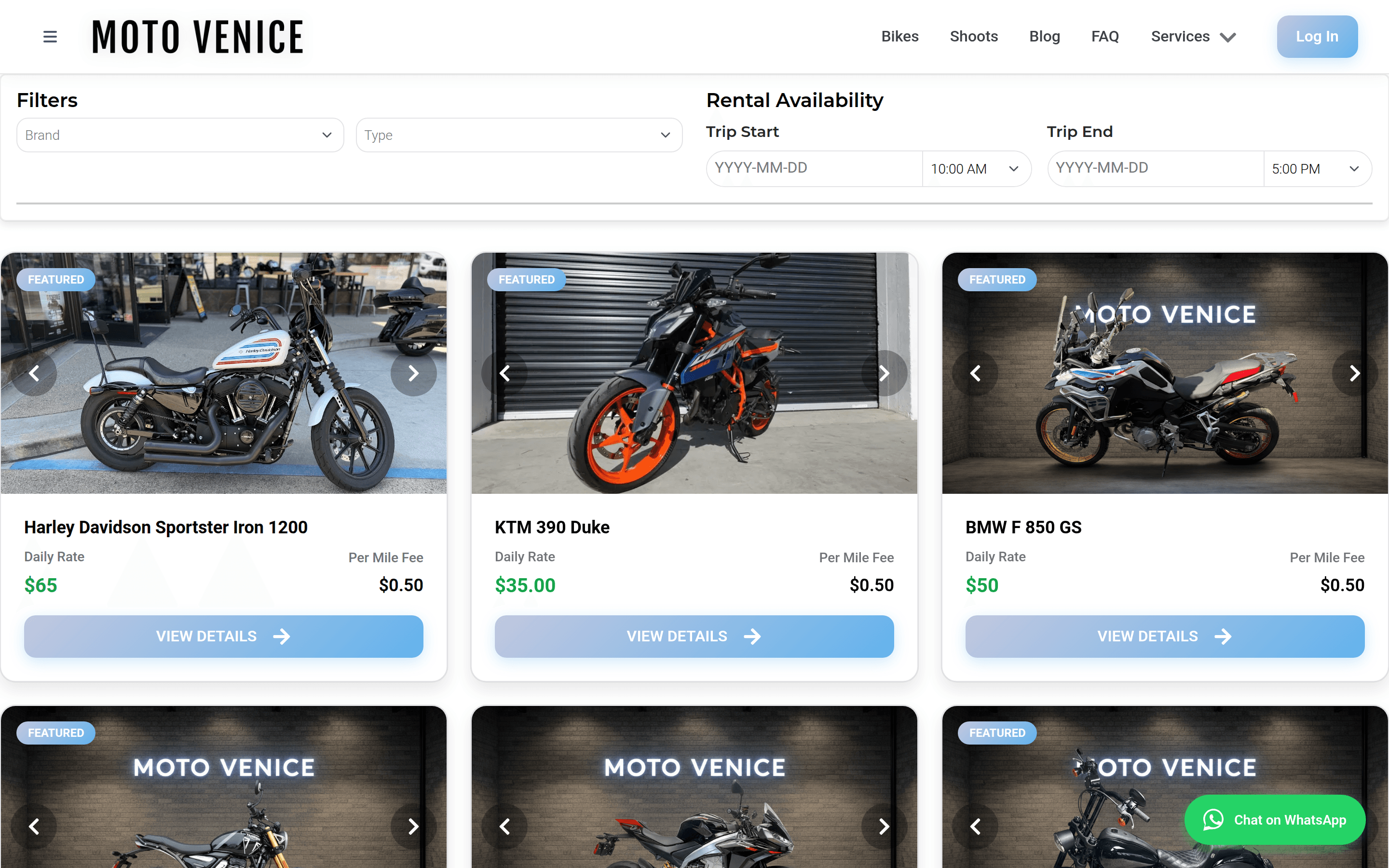Moto Venice bikes browse page with filters and rental availability