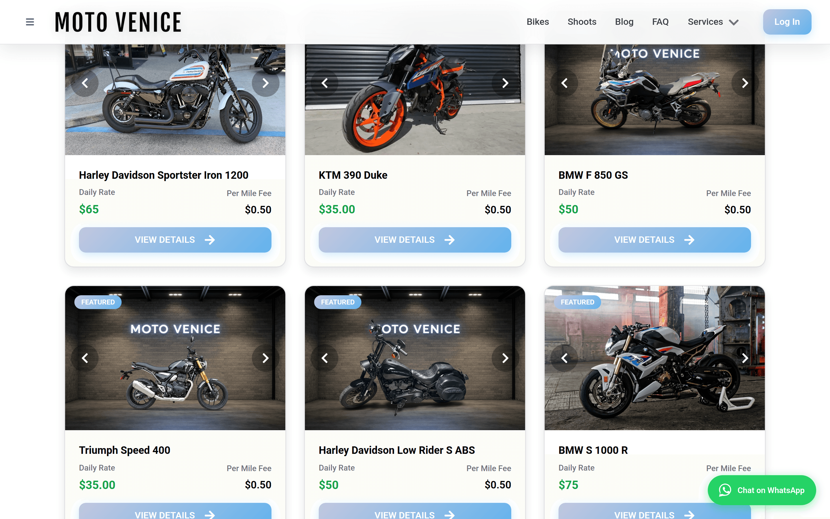 Moto Venice featured bikes grid on the home page