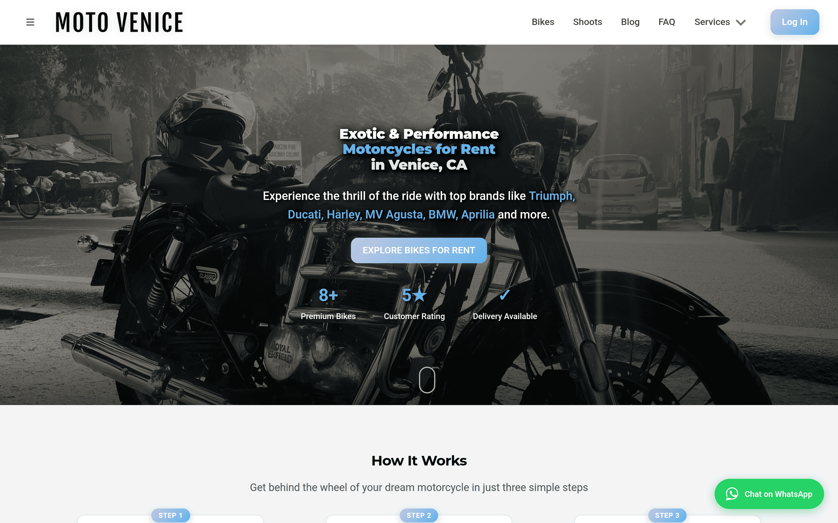 Moto Venice homepage hero showing exotic motorcycle rentals in Venice, CA