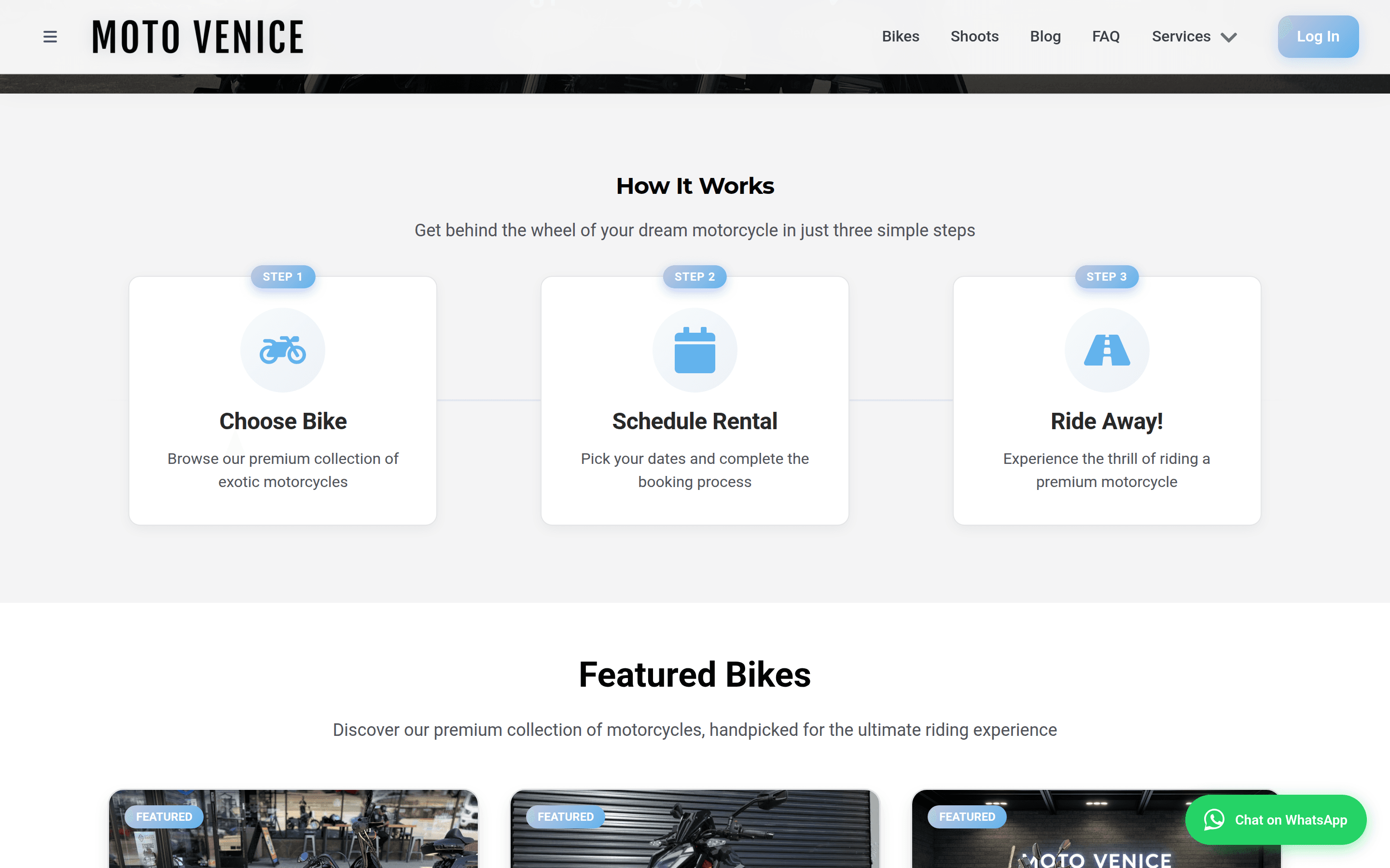 Moto Venice 'How It Works' section showing the three-step rental flow