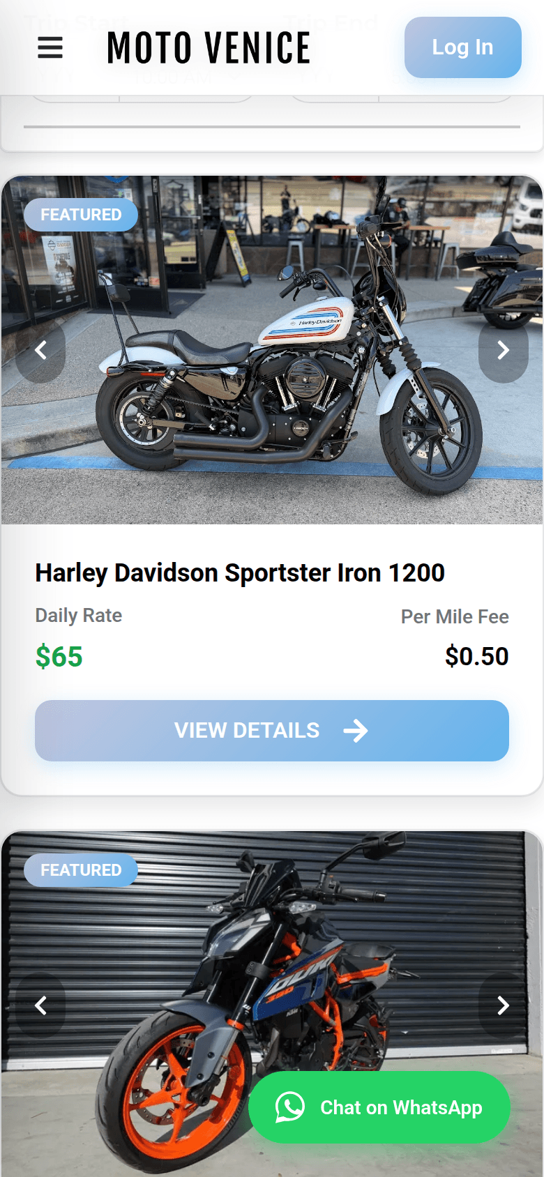 Moto Venice bikes page on mobile